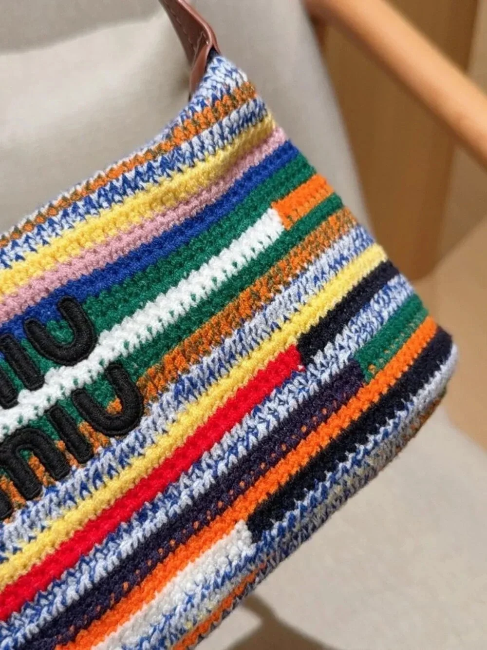 Miu Miu Multicolor Striped Crochet Shoulder Bag with Tan Leather Strap